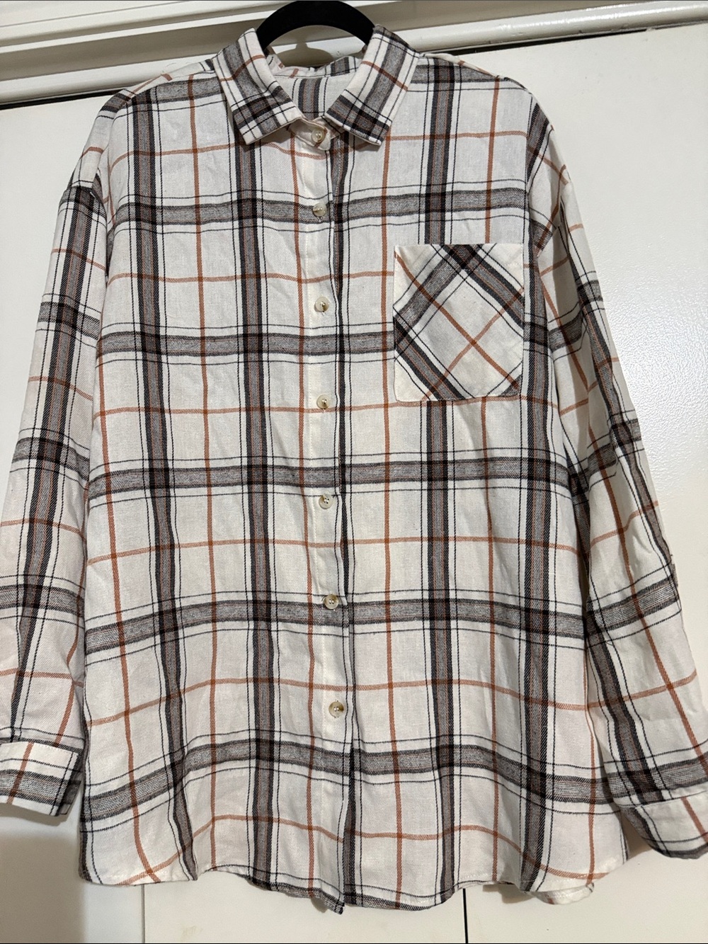 Women's Cream Plaid Button-Down Shirt with Brown and Tan Checks